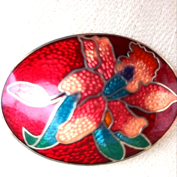 Rare Vtg. CHRISTIAN LACROIX Red Flowered Enamel Brooch Signed - Picture 5 of 5